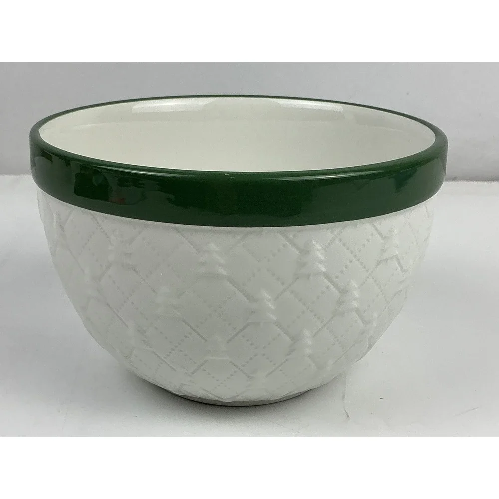 4 White Ceramic Mixing‎ Bowl Green Rim Embossed Christmas Trees Quilted Pattern